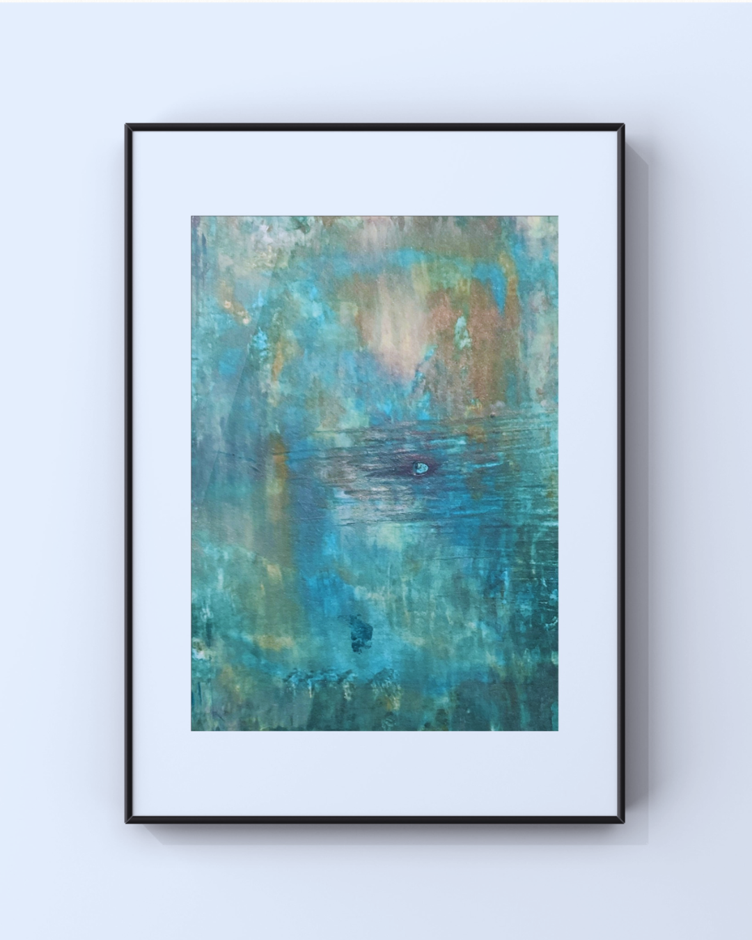 Walking in Memphis — soft teal and green mixed media landscape in a simple black frame