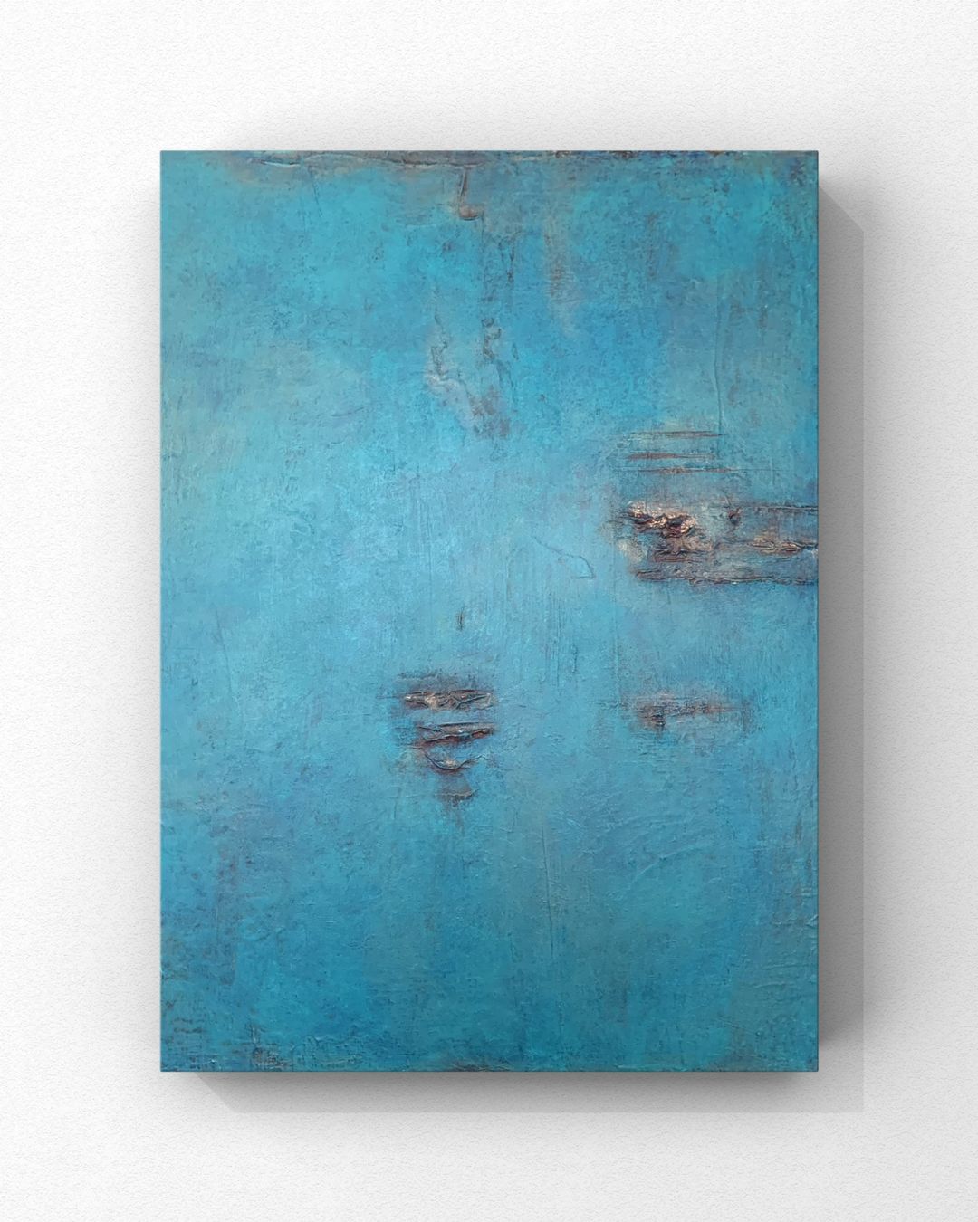 Hallowed Deep — soft turquoise field with raised copper marks drifting across it