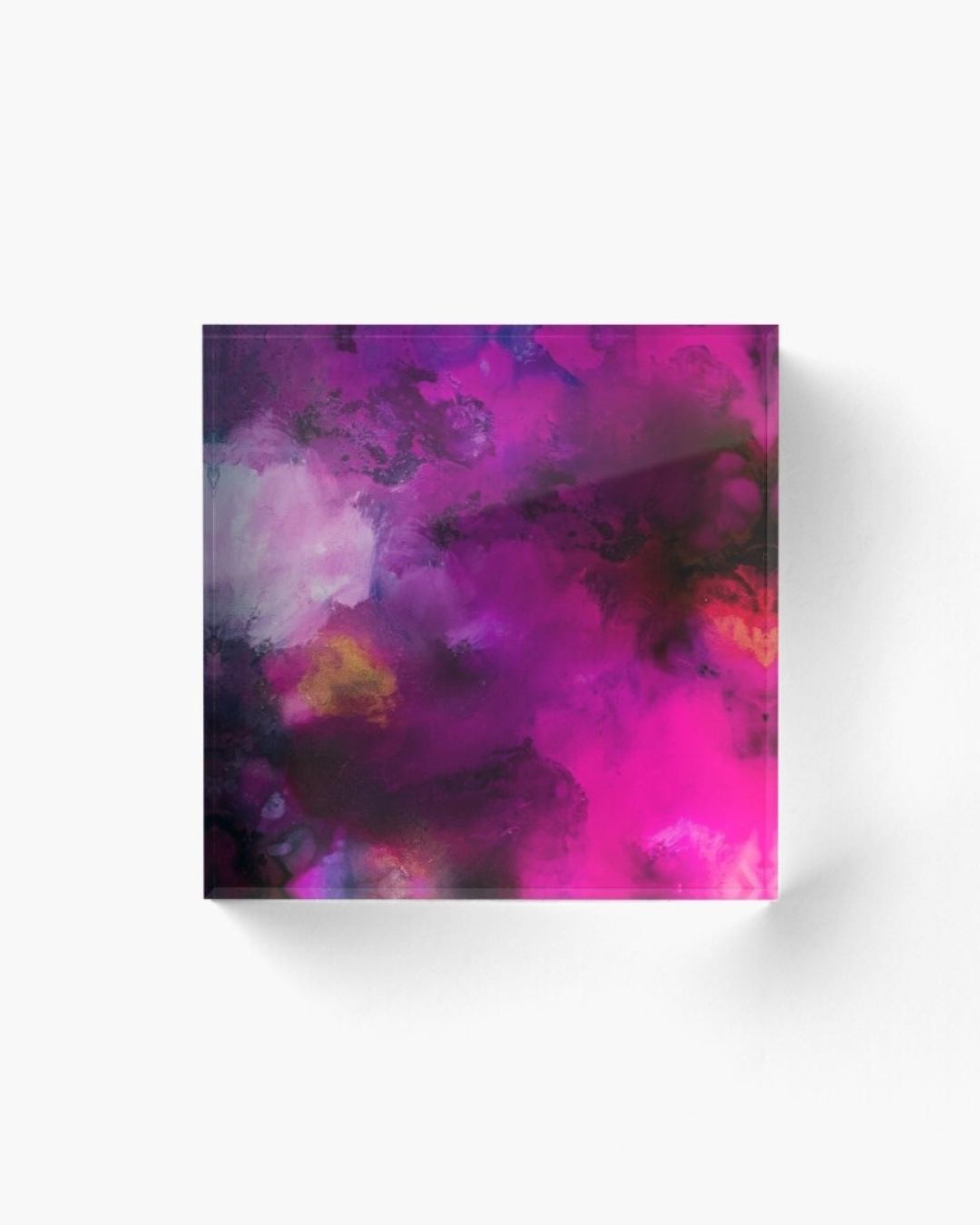 Pinktuition — vibrant magenta and violet alcohol ink on a square acrylic block