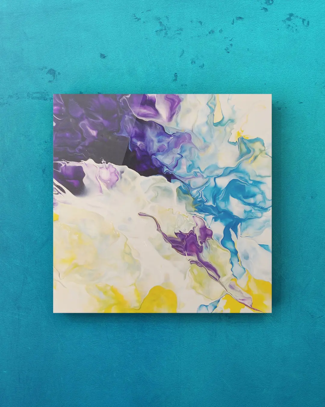 HAdams Playlist — luminous purple, blue, and yellow fluid acrylic pours on a square canvas