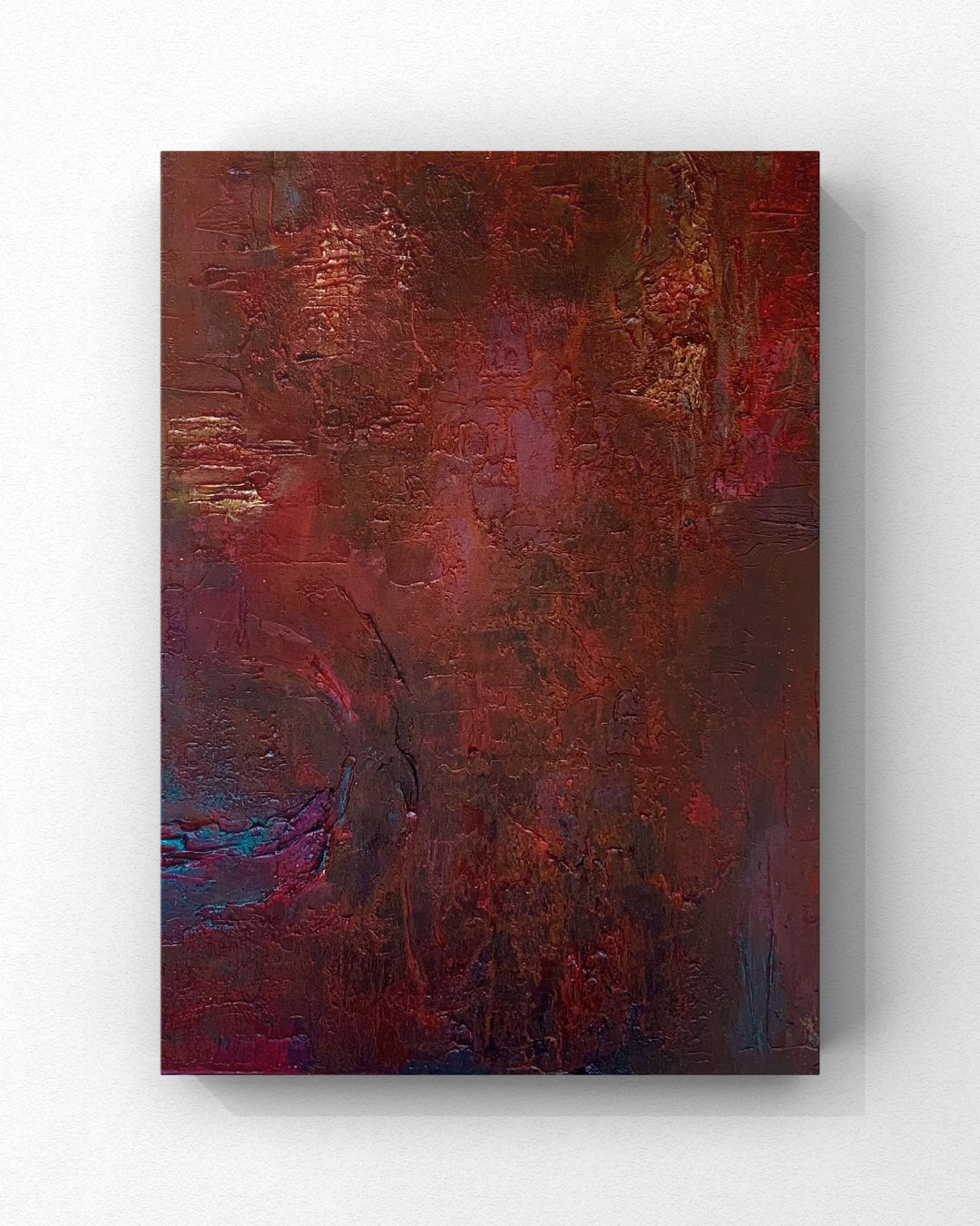 Bare Heart — a heavily textured mixed media painting in deep crimson, rust, and plum with flashes of teal