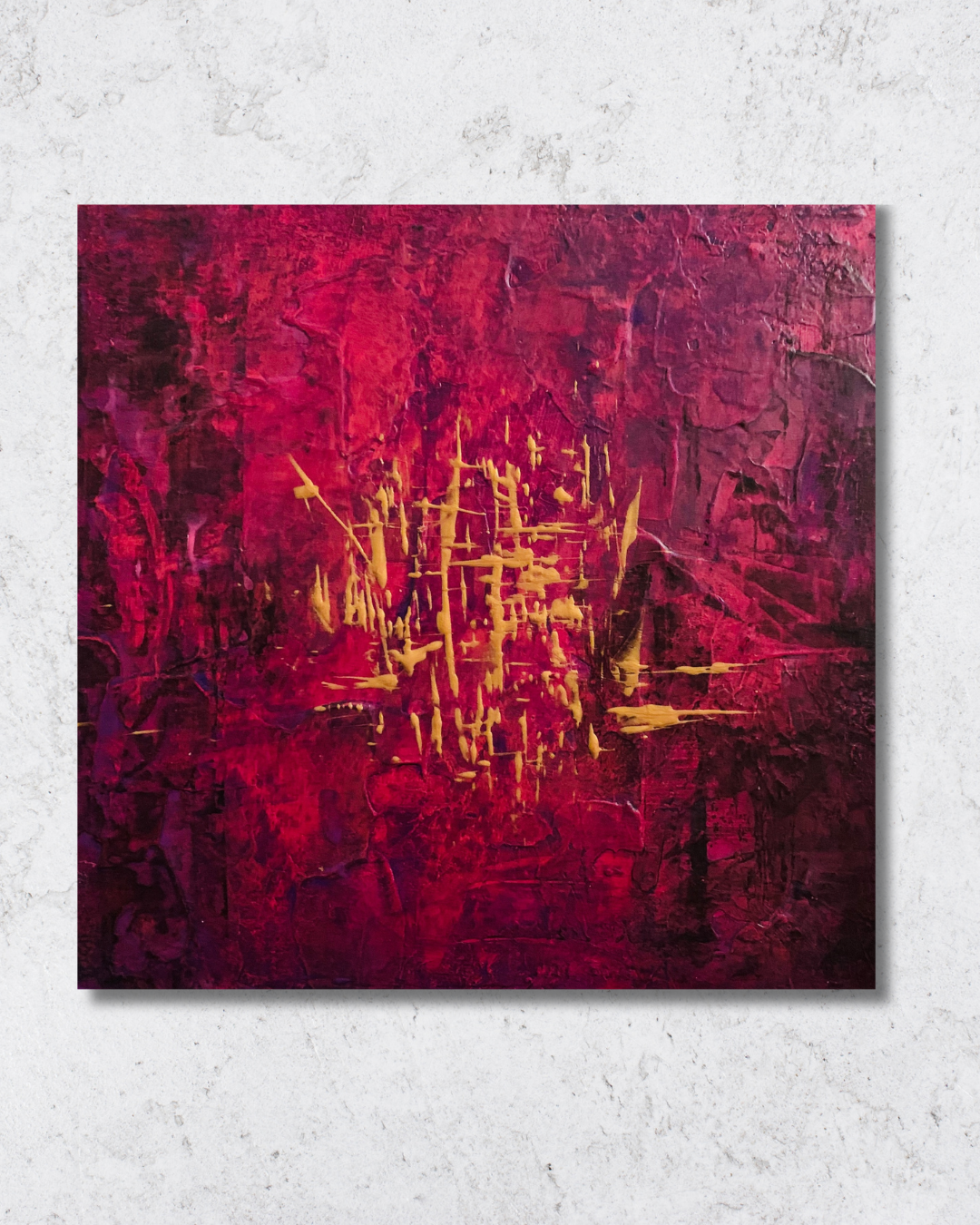 Delight — a textured acrylic painting in deep crimson and magenta with bold gold drips and marks