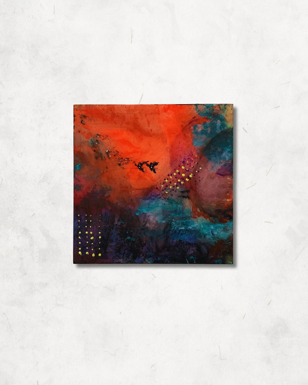 My Girlfriend Is a Witch — a square mixed media mini with fiery orange, deep teal, violet, and scattered gold dots