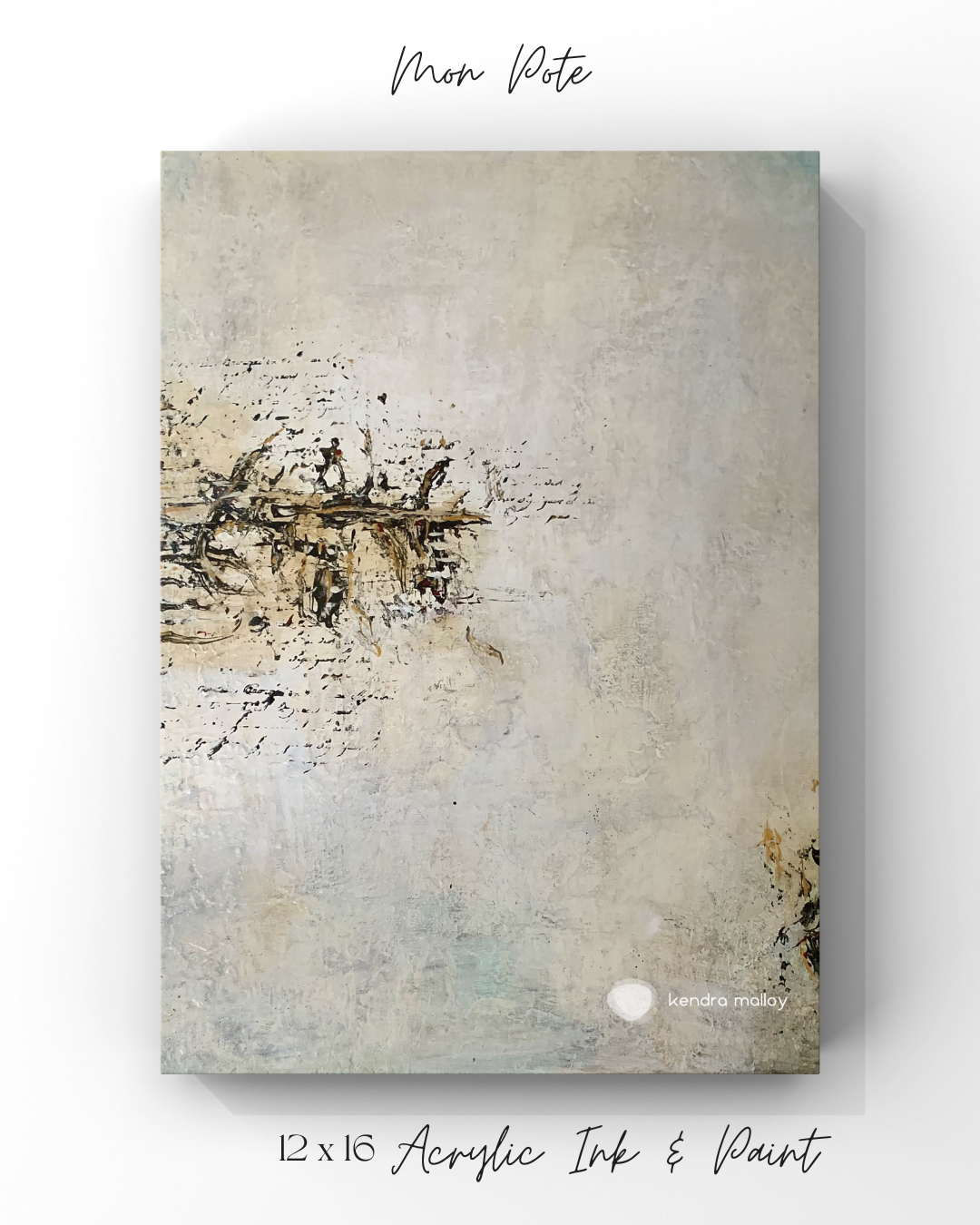 Mon Pote — a quiet mixed media painting in layered whites and creams with dark script-like markings and hints of rust