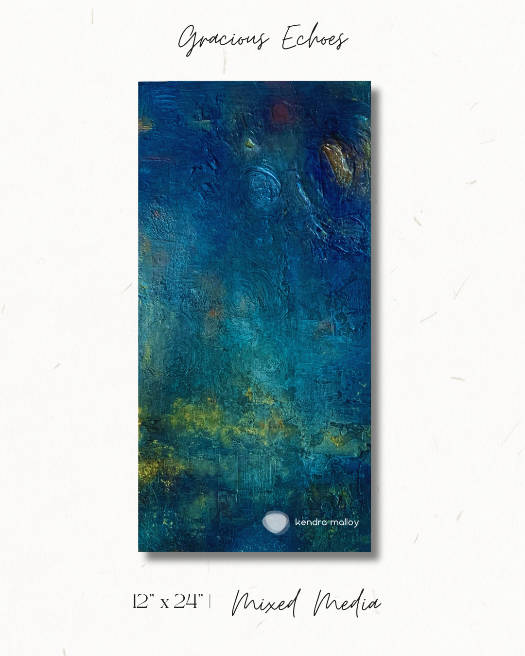 Gracious Echos — a tall textured mixed media painting in ocean blue and teal with moss green and gold undertones