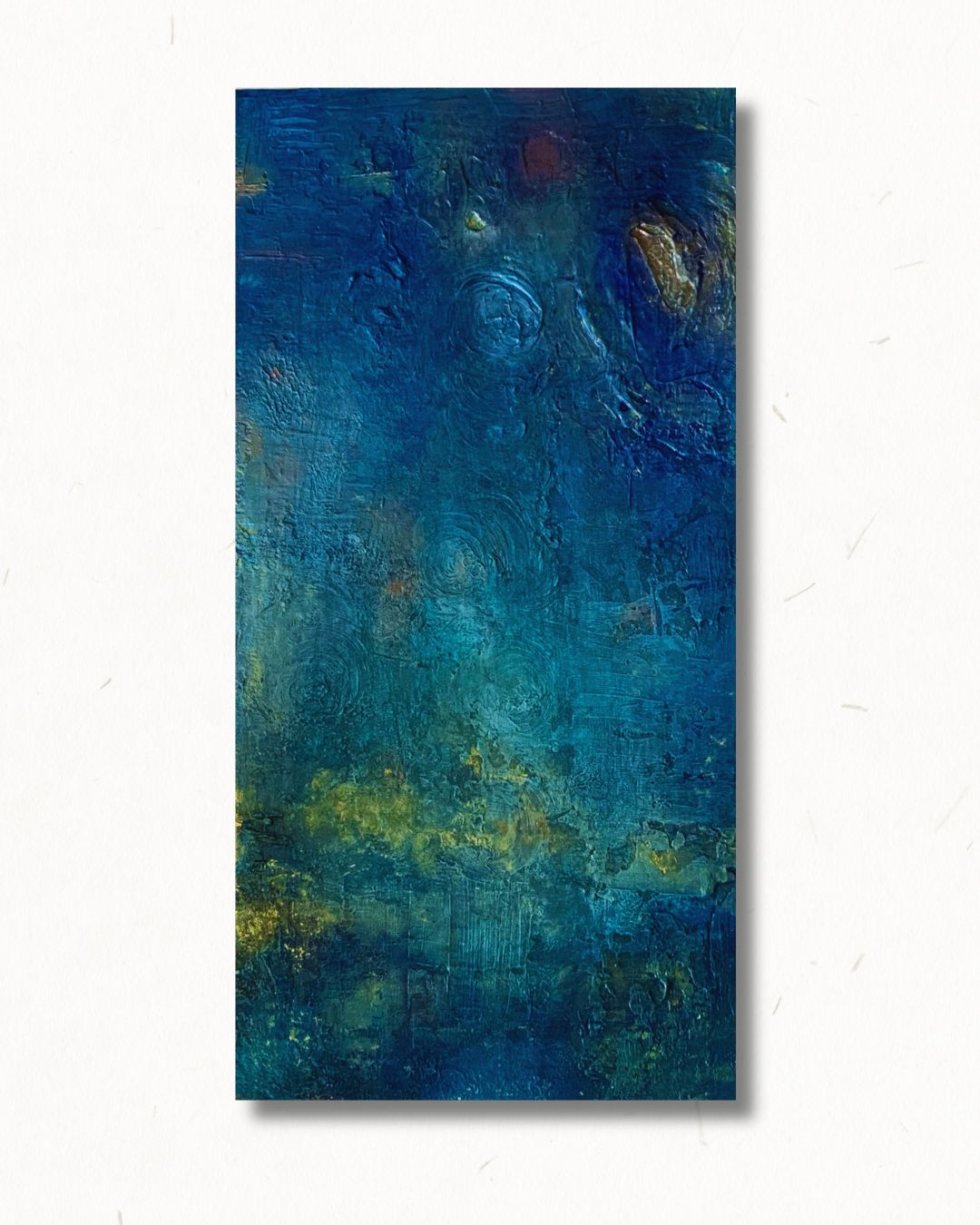 Gracious Echos — a tall textured mixed media painting in ocean blue and teal with moss green and gold undertones