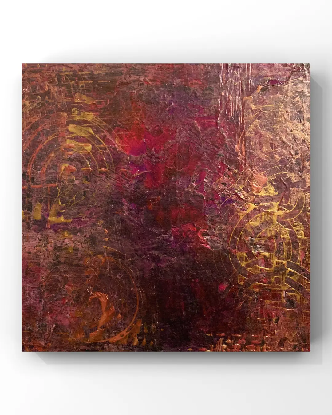 JGoode Playlist — rich crimson and gold mixed media textures with circular marks