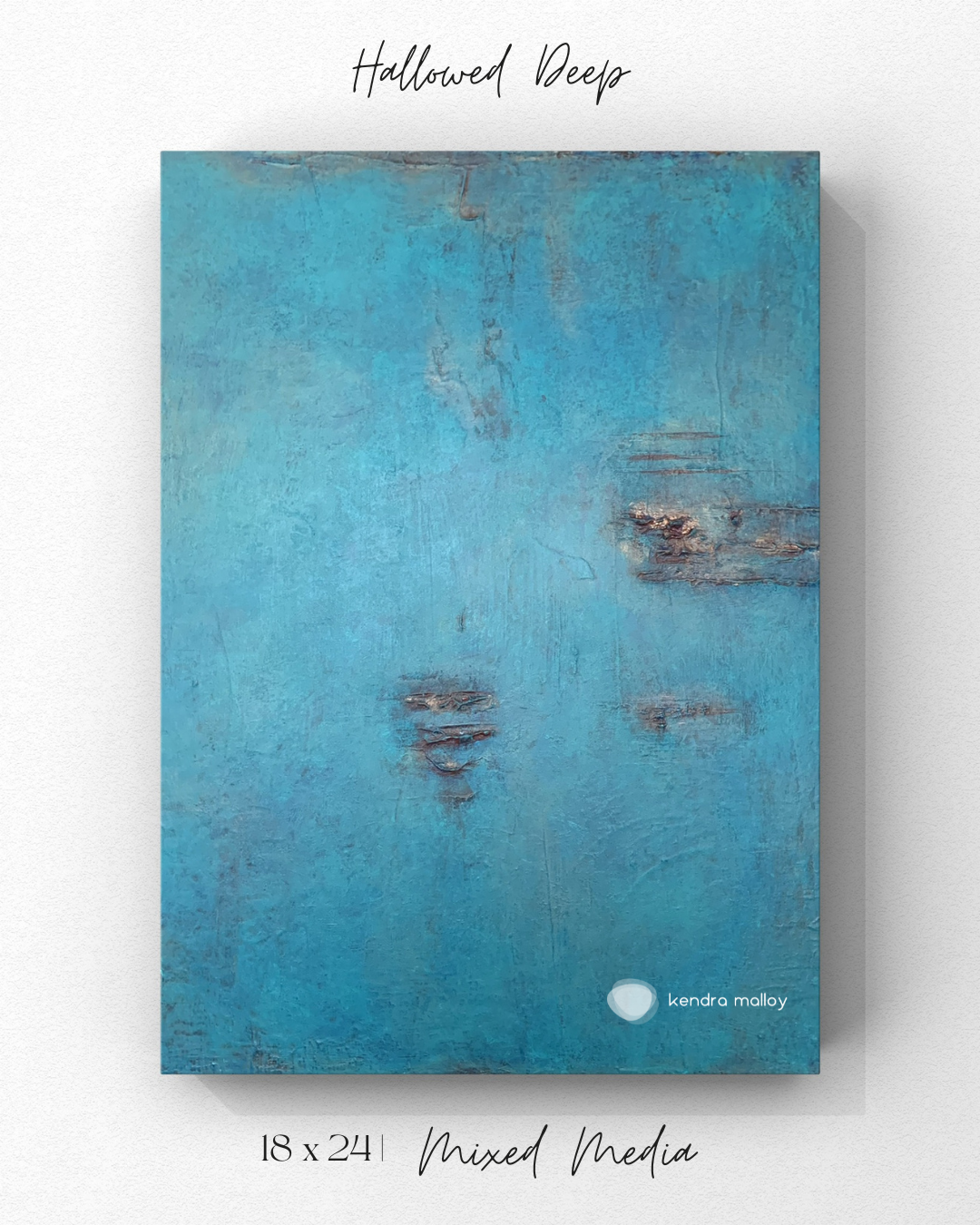 Hallowed Deep — a mixed media painting in luminous turquoise blue with subtle copper and bronze details