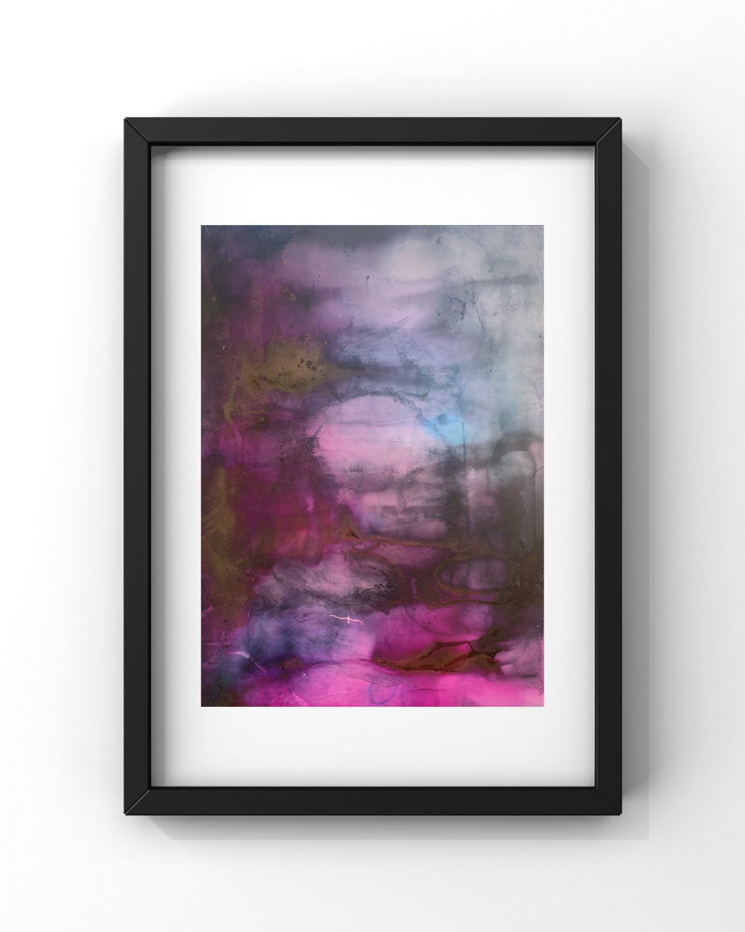 Ready Next — a framed alcohol ink painting in smoky plum, magenta, and cool blue with soft gold lines