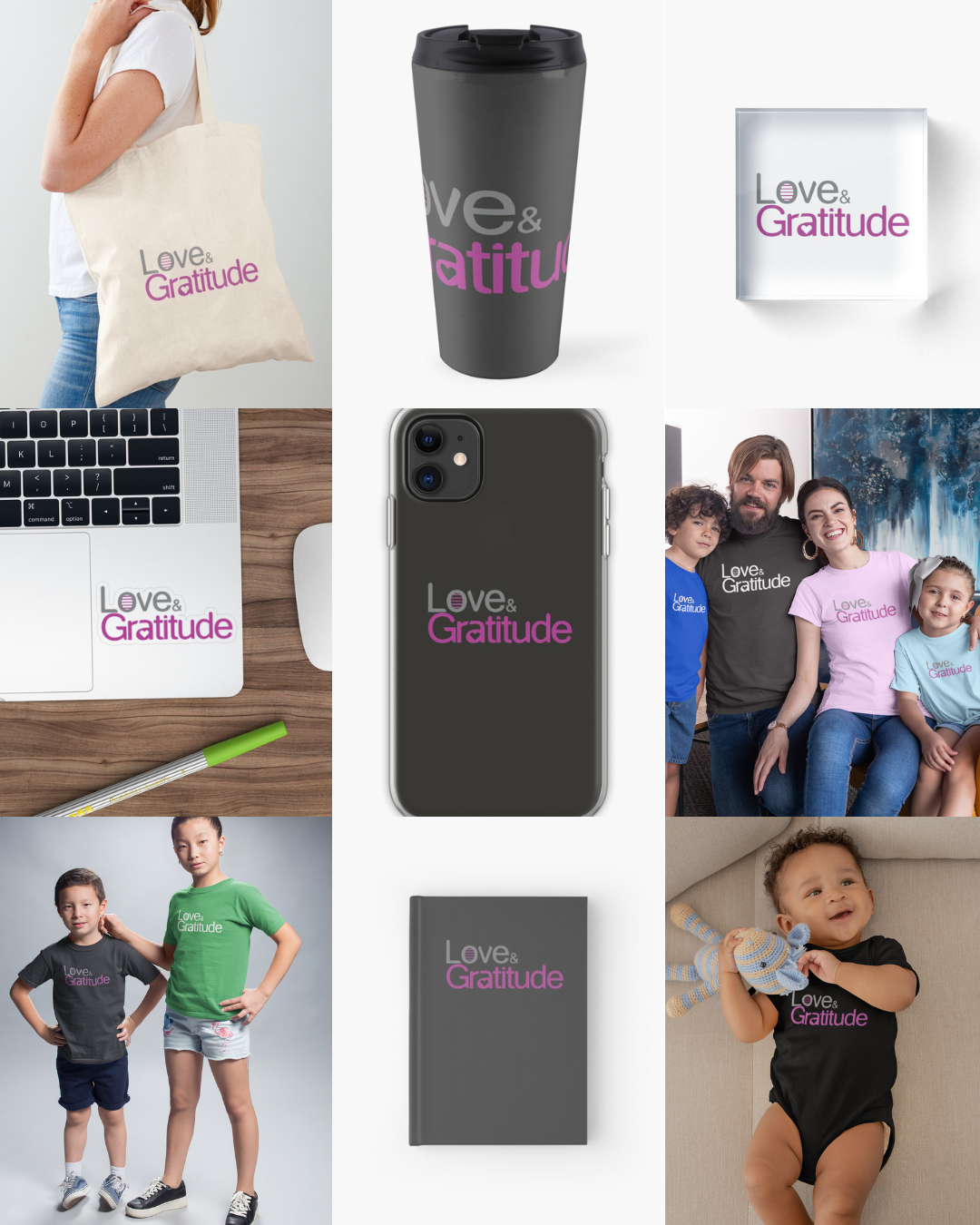 Love and Gratitude — typographic design in gray and magenta on apparel, accessories, and family gifts