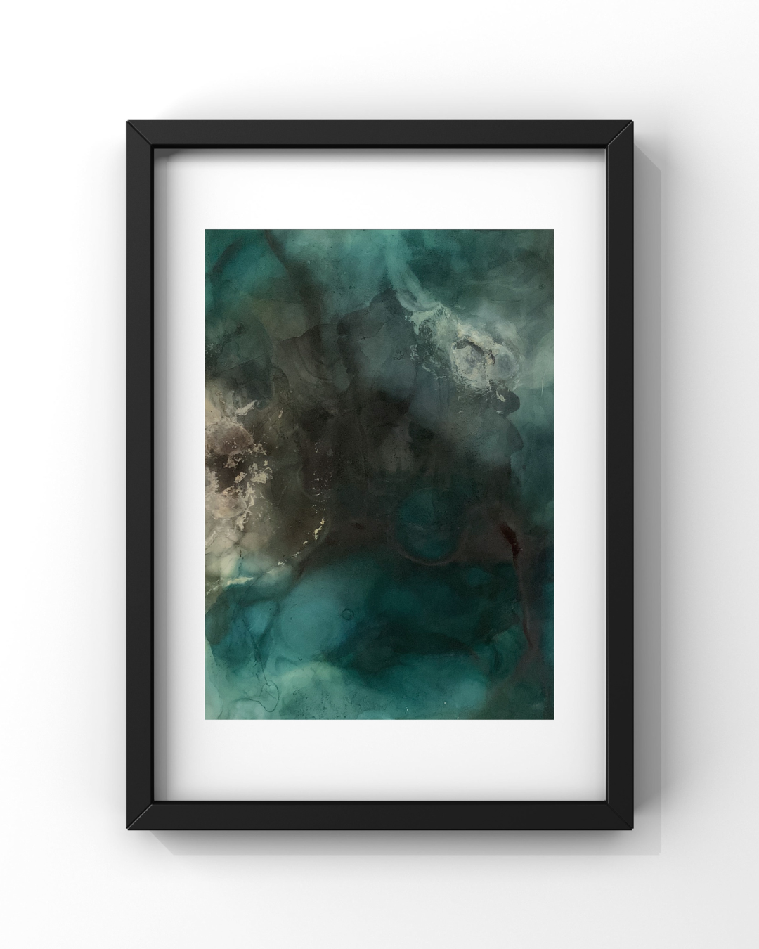 Prosperity — a framed alcohol ink painting in deep teal, jade, and misty ivory with silvery accents