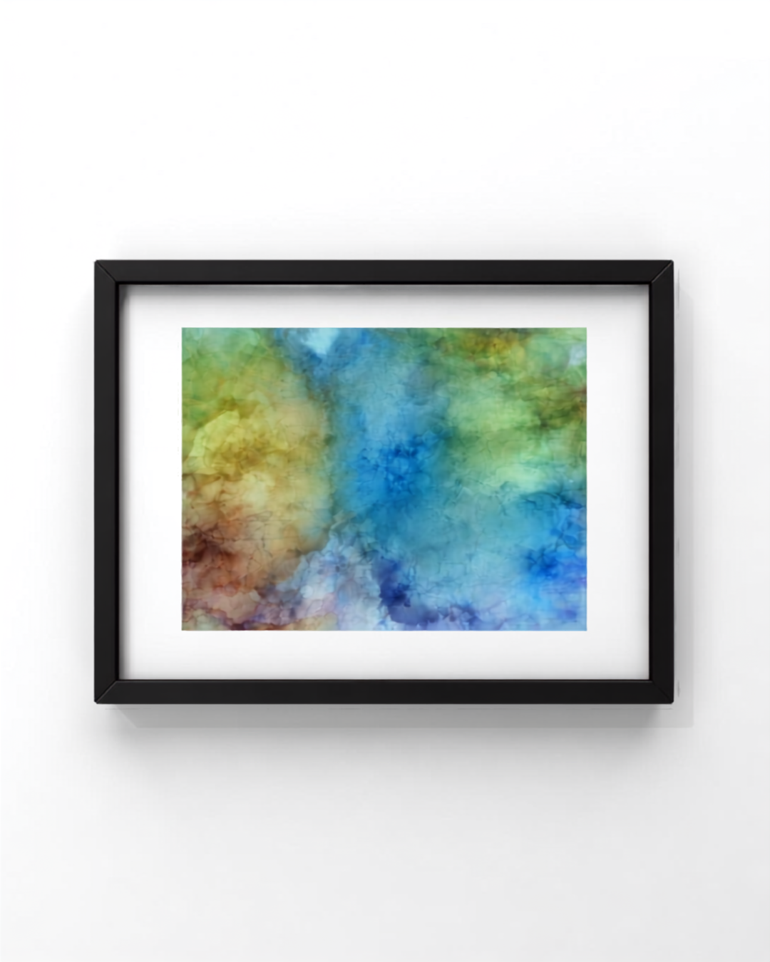 Soulmates — a framed alcohol ink painting in airy blue, green, and golden tones with gentle earth accents