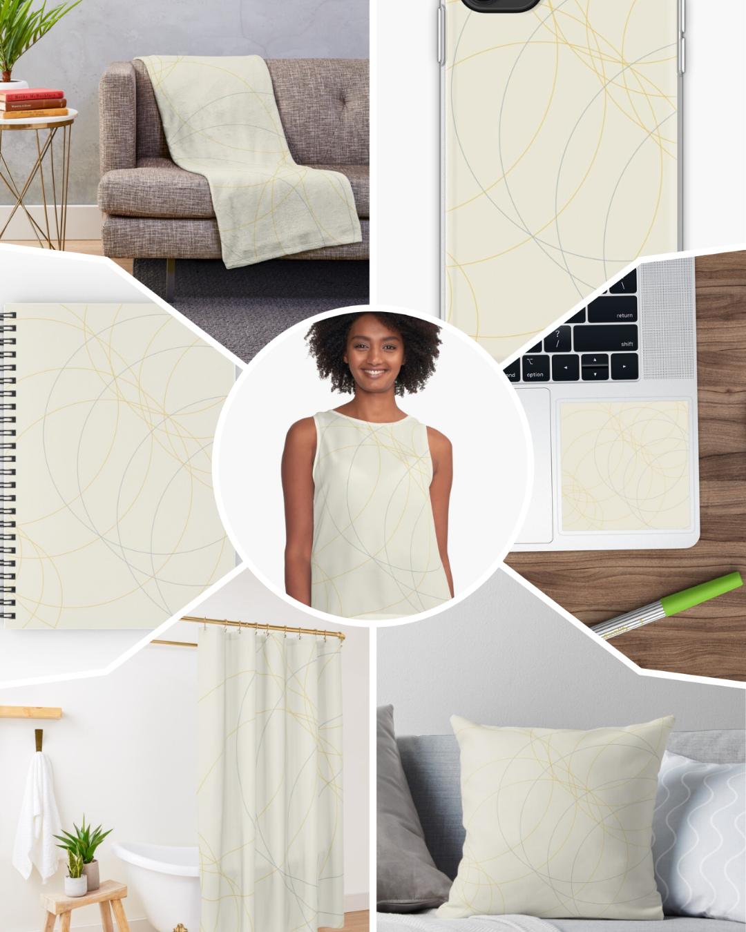 La La Alexis — delicate gold geometric line pattern on cream across blankets, apparel, and home decor