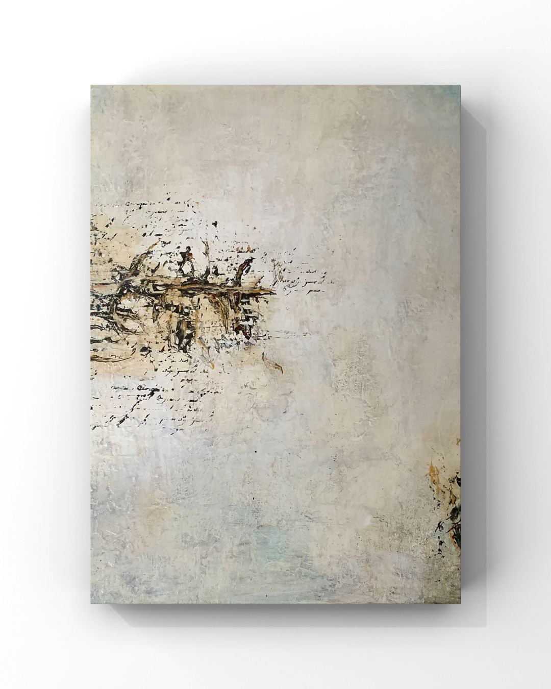 Mon Pote — a quiet mixed media painting in layered whites and creams with dark script-like markings and hints of rust