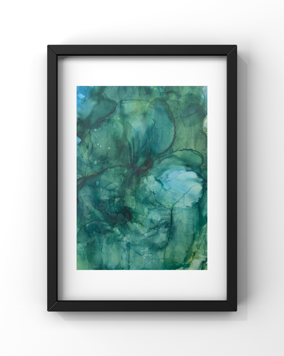Growth — a framed alcohol ink painting in lush emerald, teal, and aqua with organic branching forms