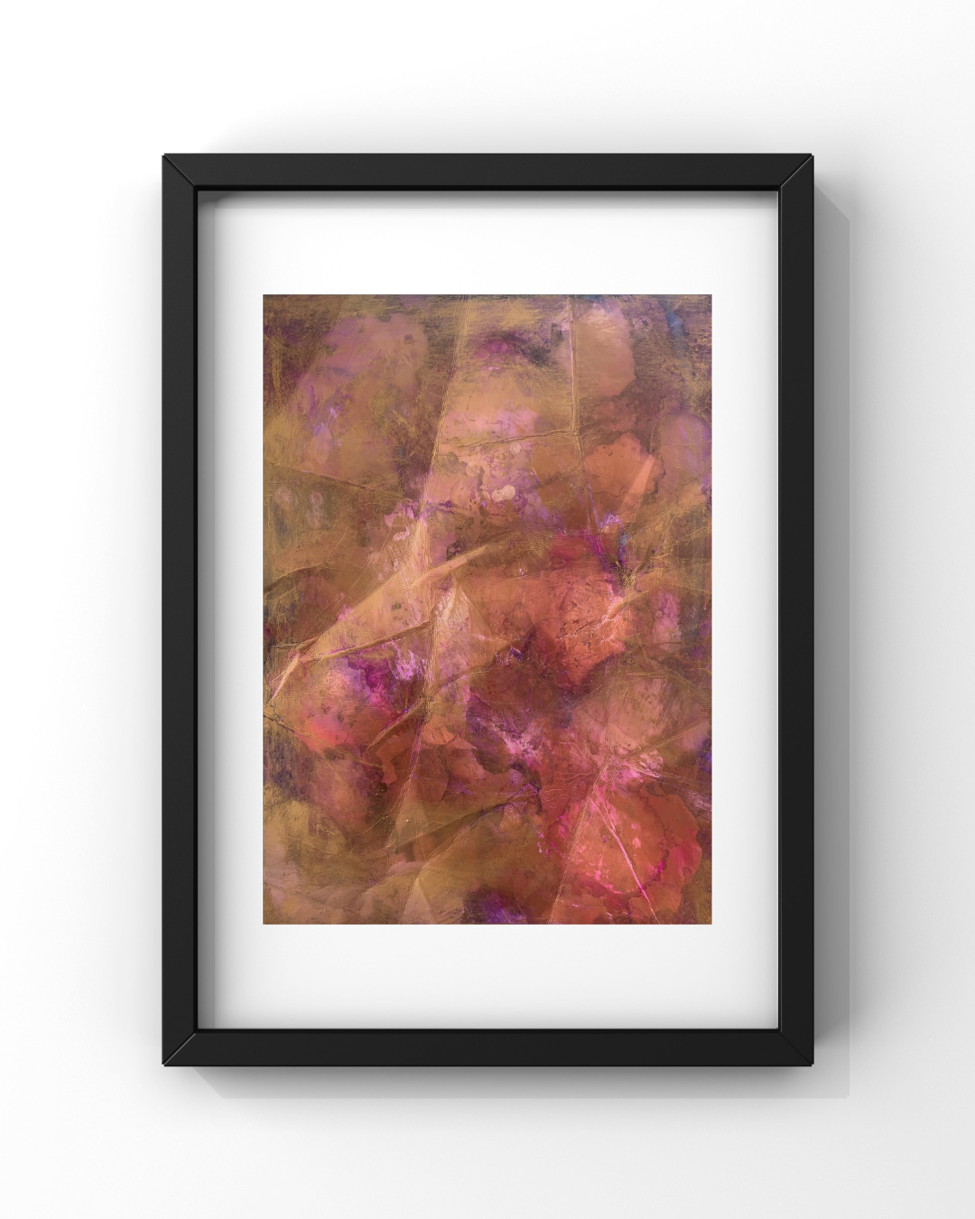 Weathered — a black-framed fluid acrylic painting with translucent rose, plum, copper, and weathered gold layers