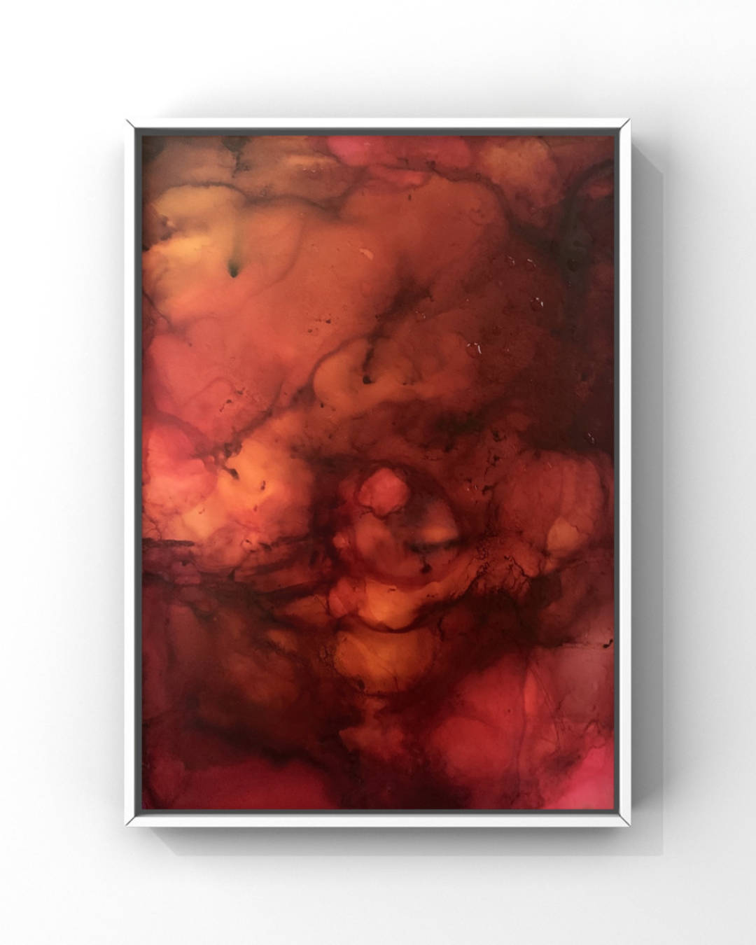 Breathe — a framed alcohol ink painting in layered crimson, rust, burnt orange, and soft gold