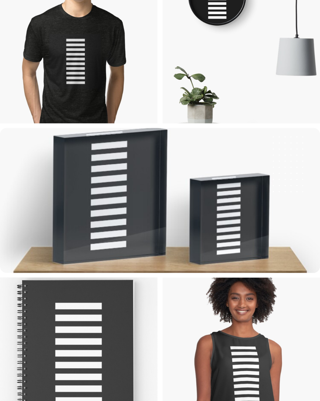 David Dear — minimalist black and white striped design on apparel, clocks, acrylic blocks, and notebooks