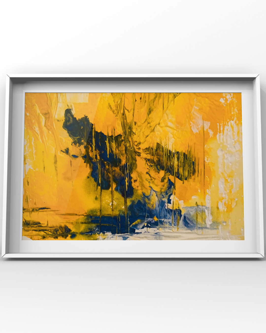 Lynnergy — a fluid acrylic painting in luminous yellow gold, deep navy, and soft white with vertical drips
