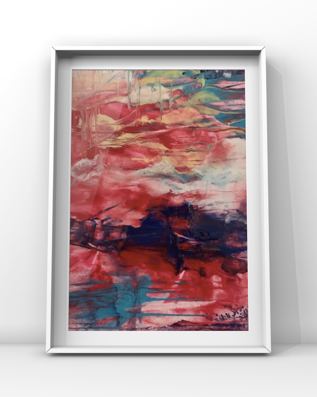 Reddy to Move — a framed fluid acrylic painting with coral, crimson, navy, turquoise, and cream layers