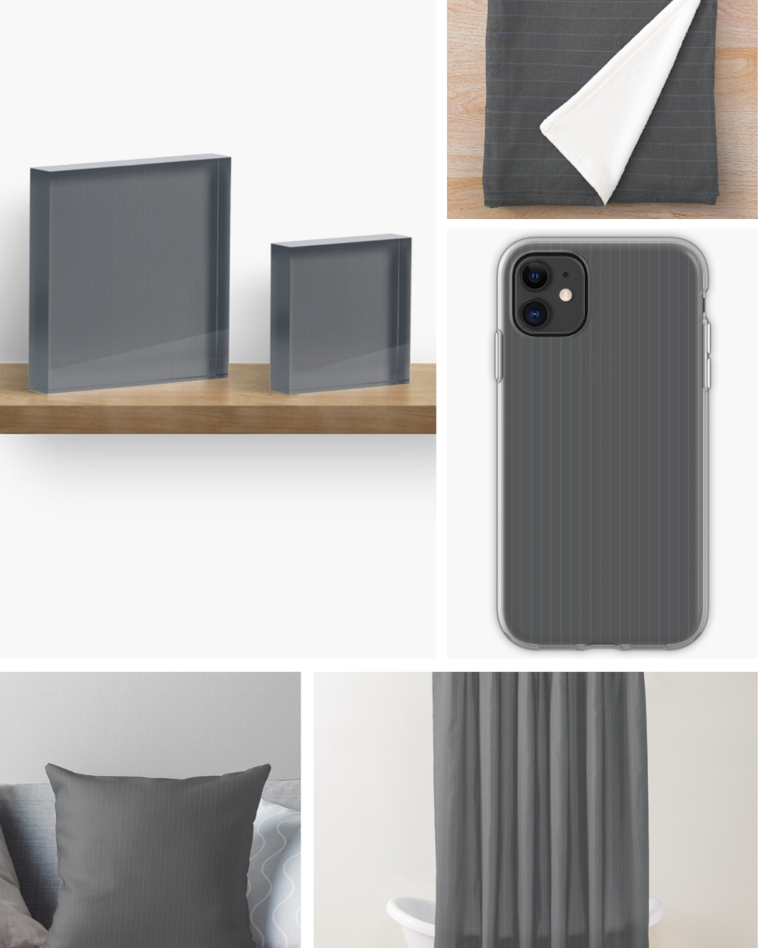 Oh Johnny — soft gray striped design on acrylic blocks, phone cases, pillows, curtains, and towels