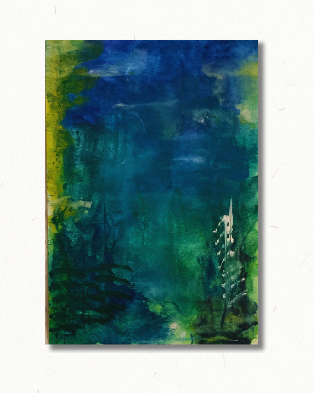 PNW With Us — a watercolor landscape in deep blue, forest green, and golden light