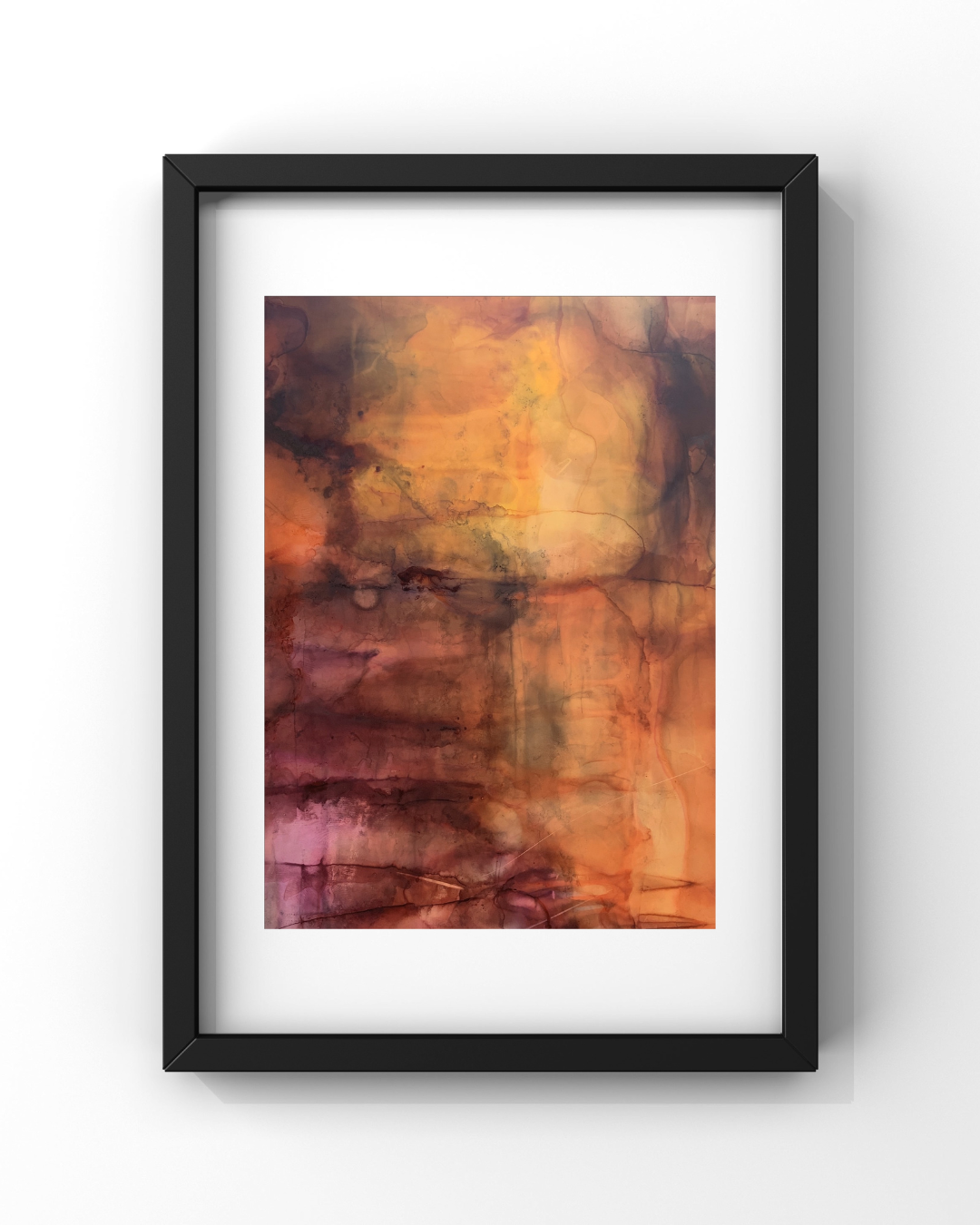 Climb — a framed alcohol ink painting in warm amber, rose, and deep crimson with quiet earth tones