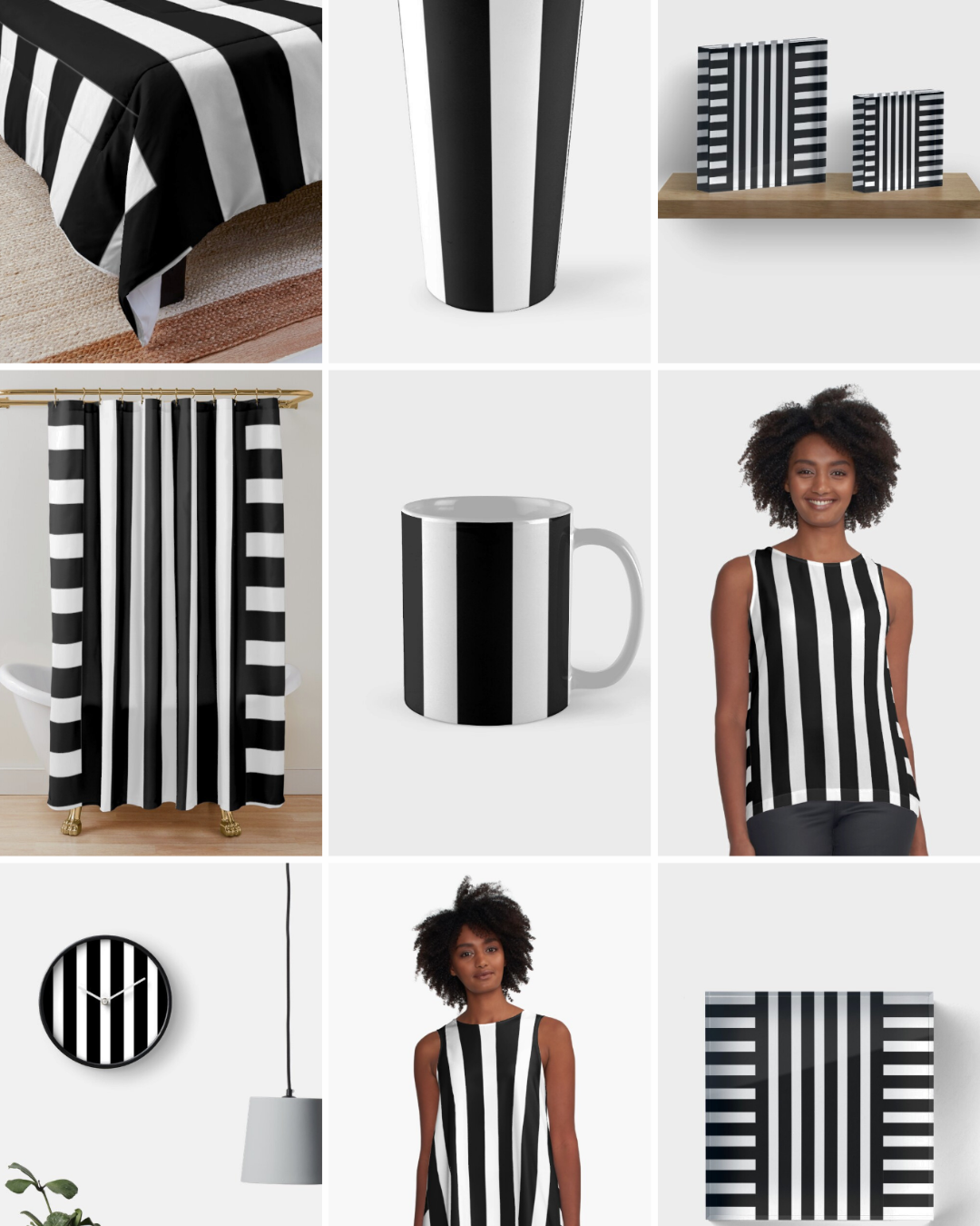 Moira Darling — bold black and white stripe pattern on bedding, apparel, mugs, and home accents