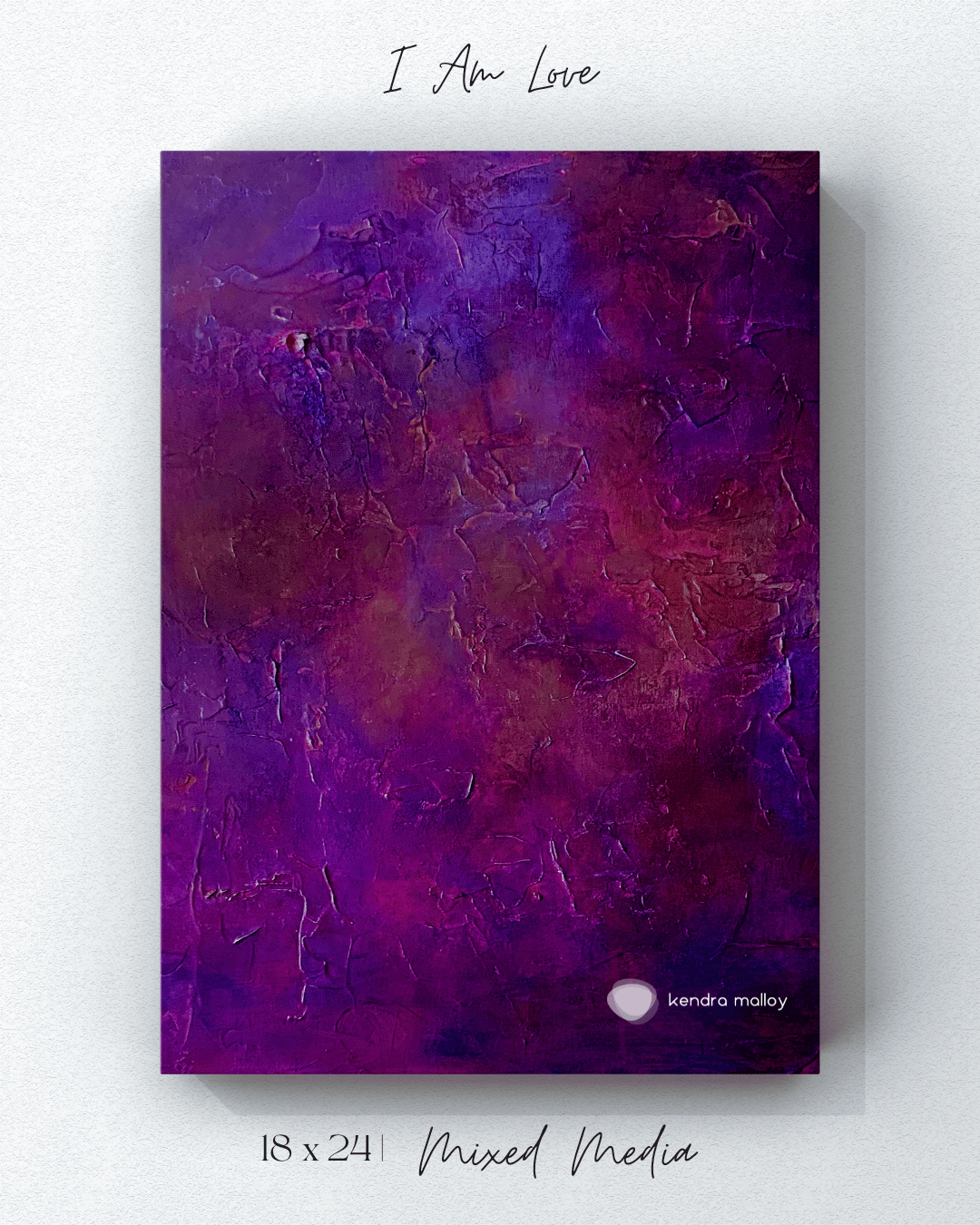 I Am Love — a richly textured mixed media painting in deep violet, plum, and crimson with golden light breaking through