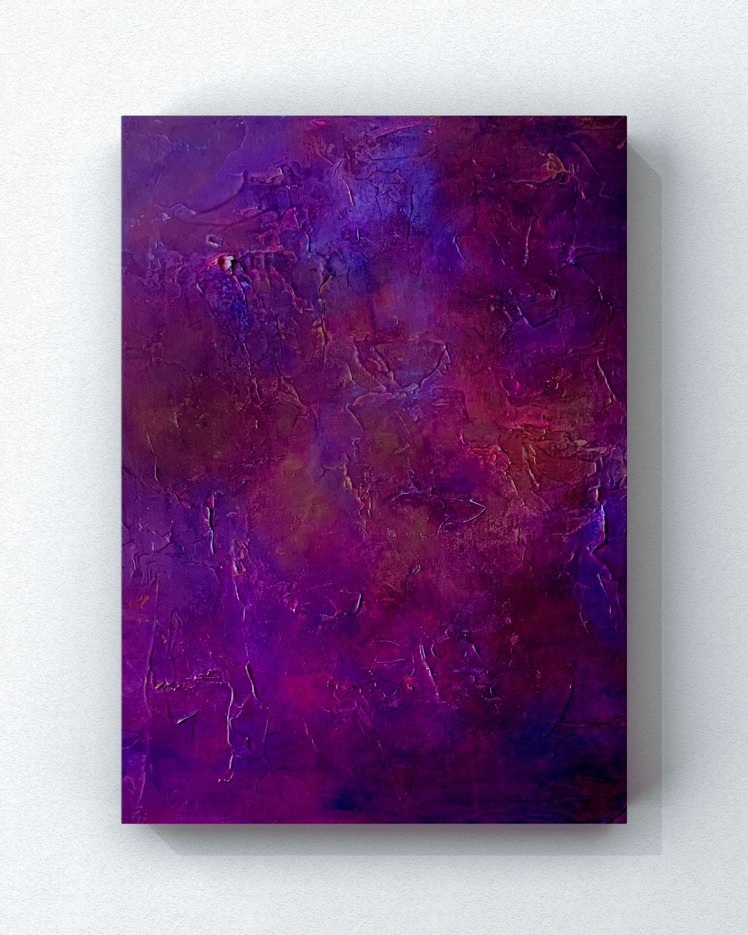 I Am Love — a richly textured mixed media painting in deep violet, plum, and crimson with golden light breaking through