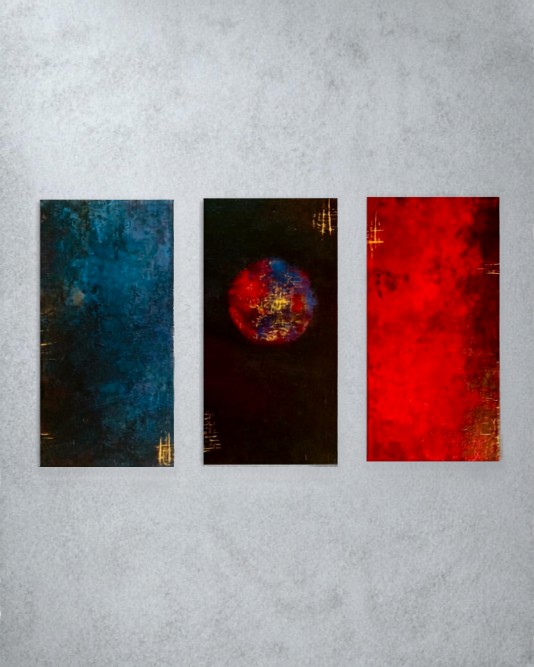 Gift Commission — Romeu Fisk, a triptych of three vertical panels in teal, black with a glowing orb, and crimson