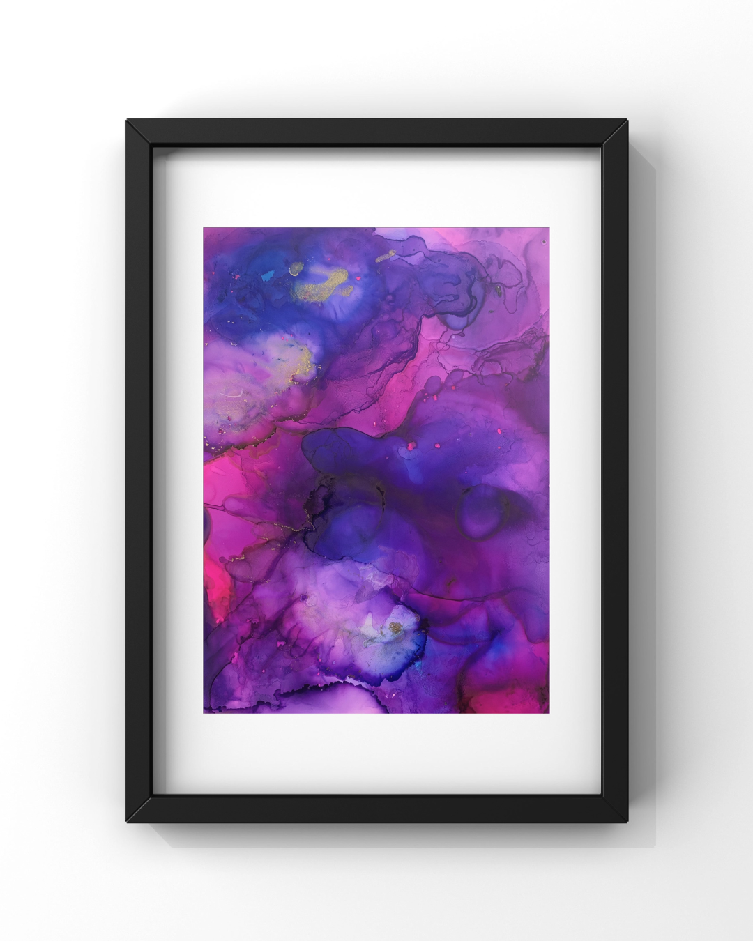 Daily Kure — a framed alcohol ink painting in vivid violet, magenta, and blue with delicate gold veins