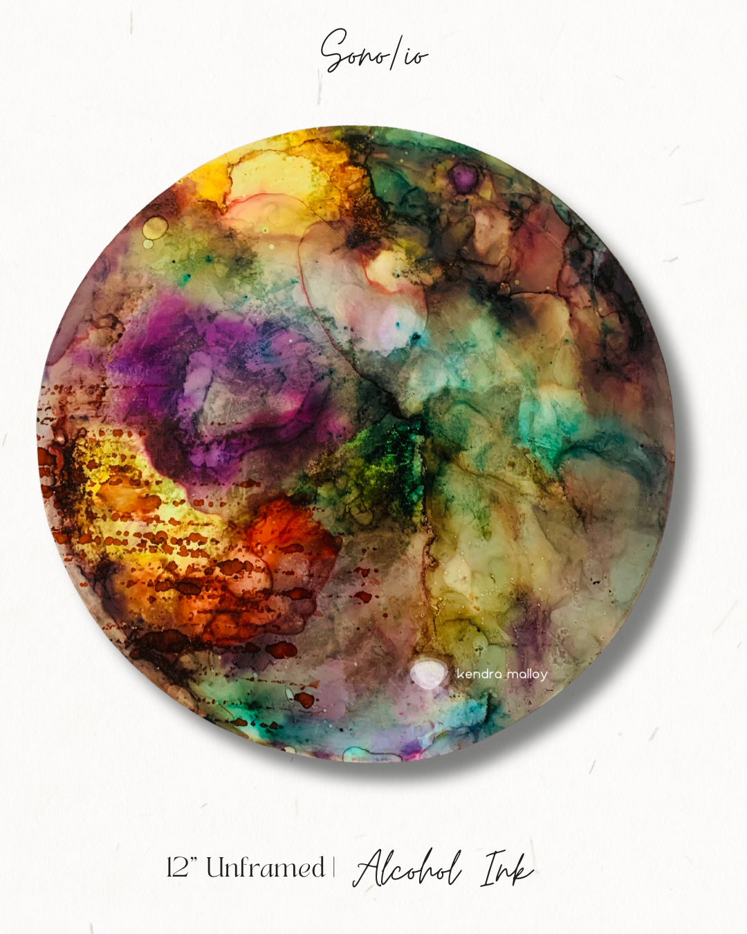 Sono Io — a round alcohol ink painting blooming with purple, orange, gold, teal, and rose