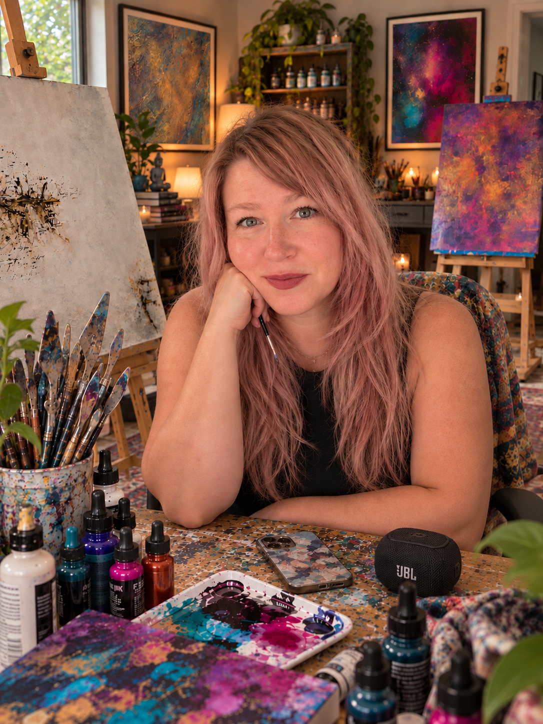 Kendra Malloy in her studio surrounded by paints and canvases