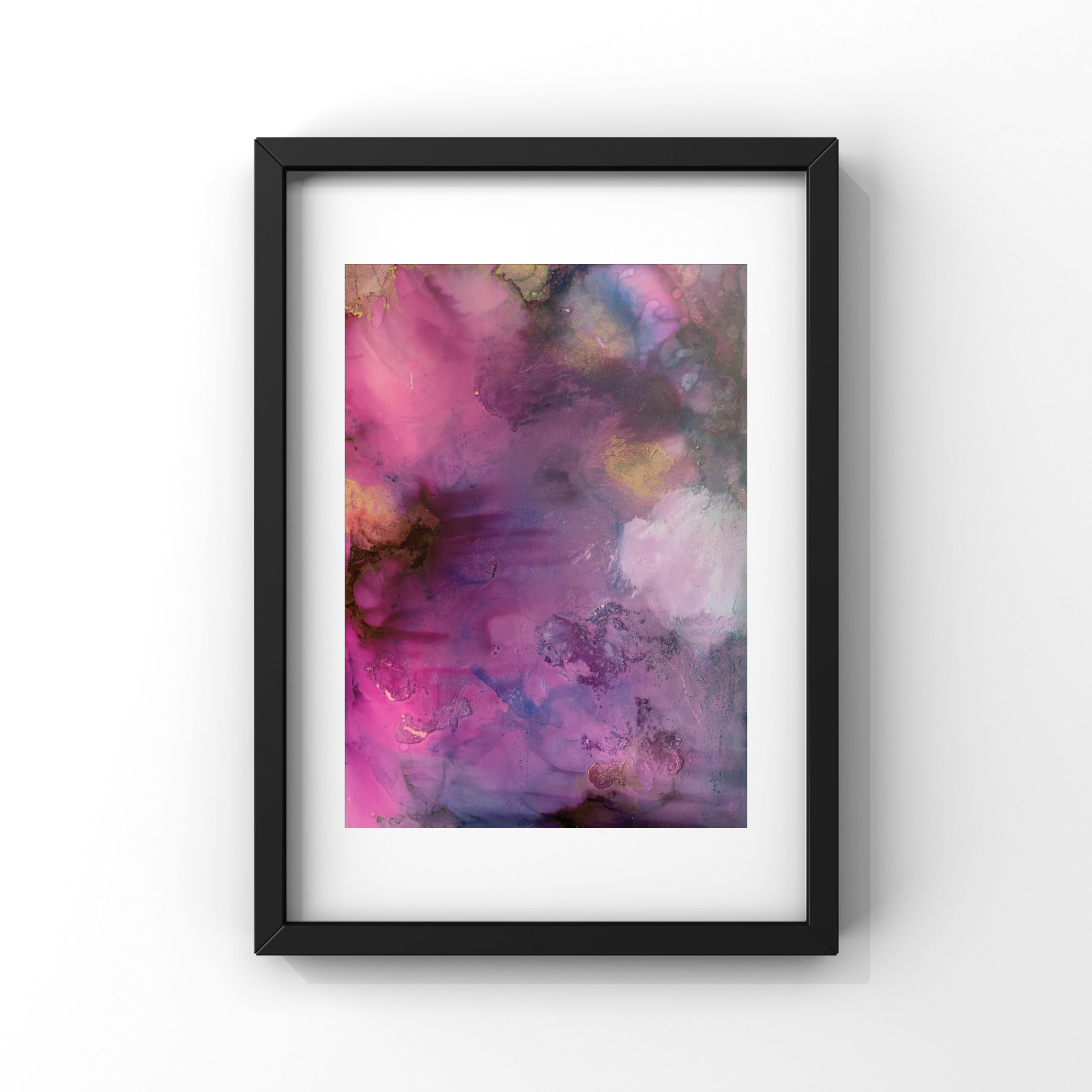 Sunrise Kure — a framed alcohol ink painting in radiant purple, pink, and blue with gold highlights