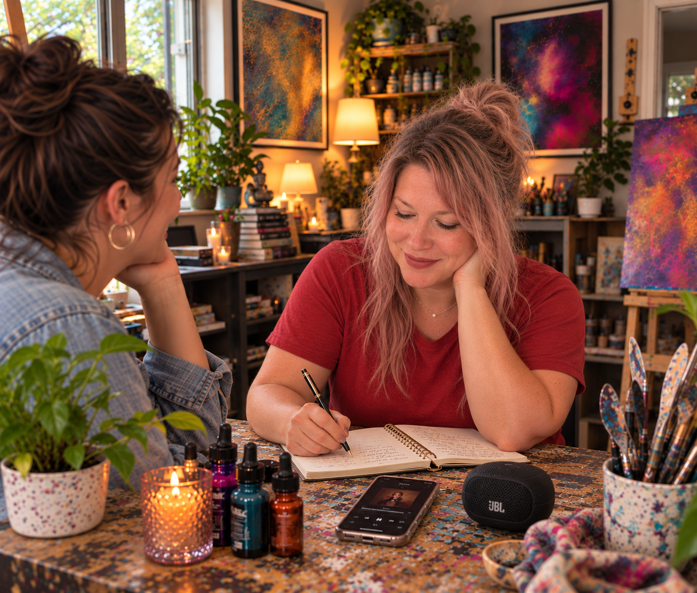 Kendra Malloy talking with a client about a commission in her studio