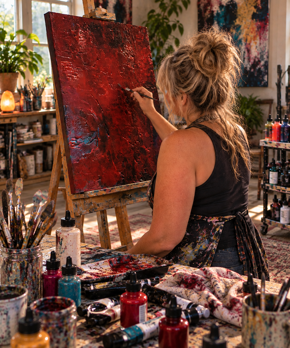 Kendra Malloy in her studio surrounded by paints and canvases