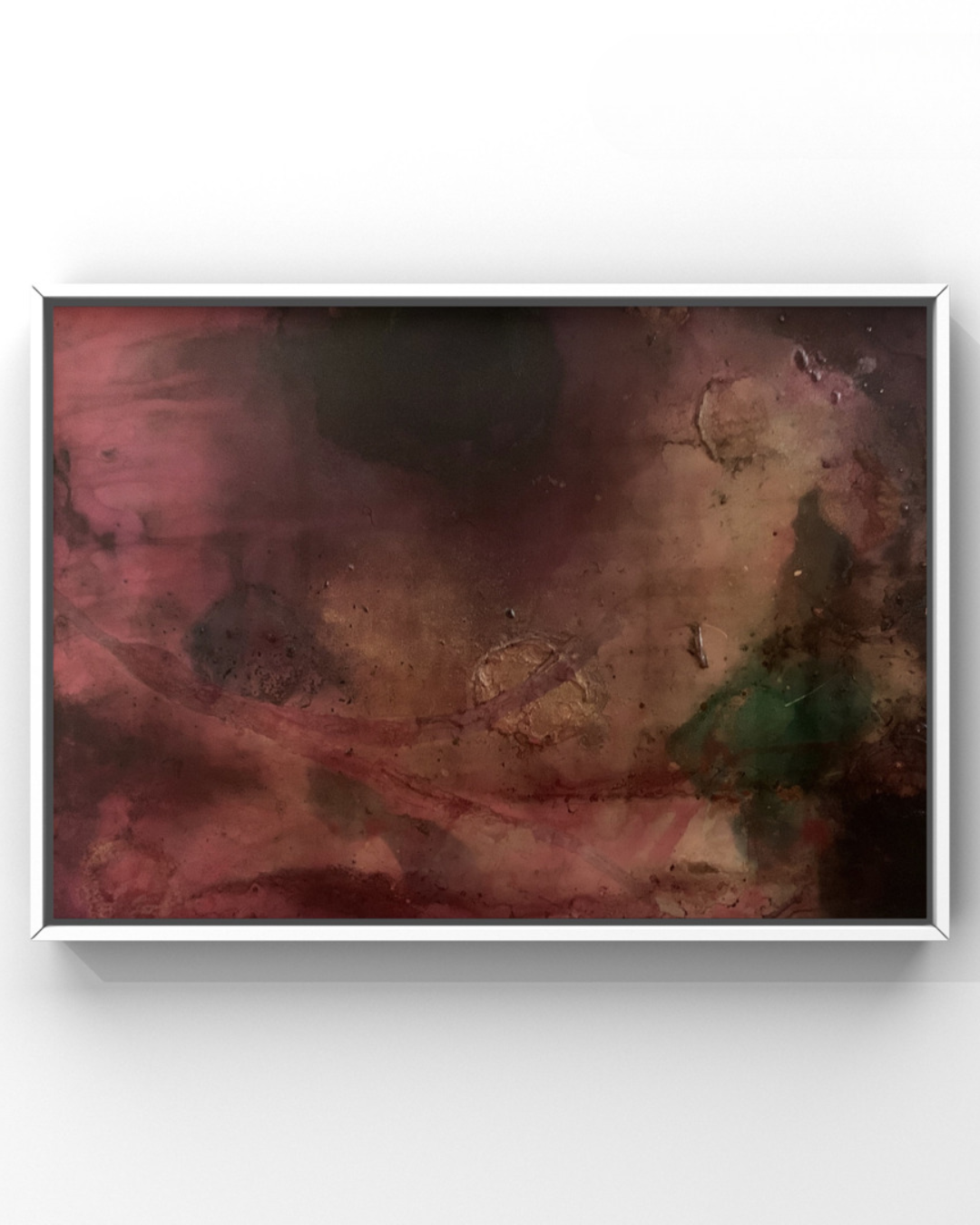 Four Winds — a mixed media piece in deep rose, earthy brown, moss green, and quiet gold