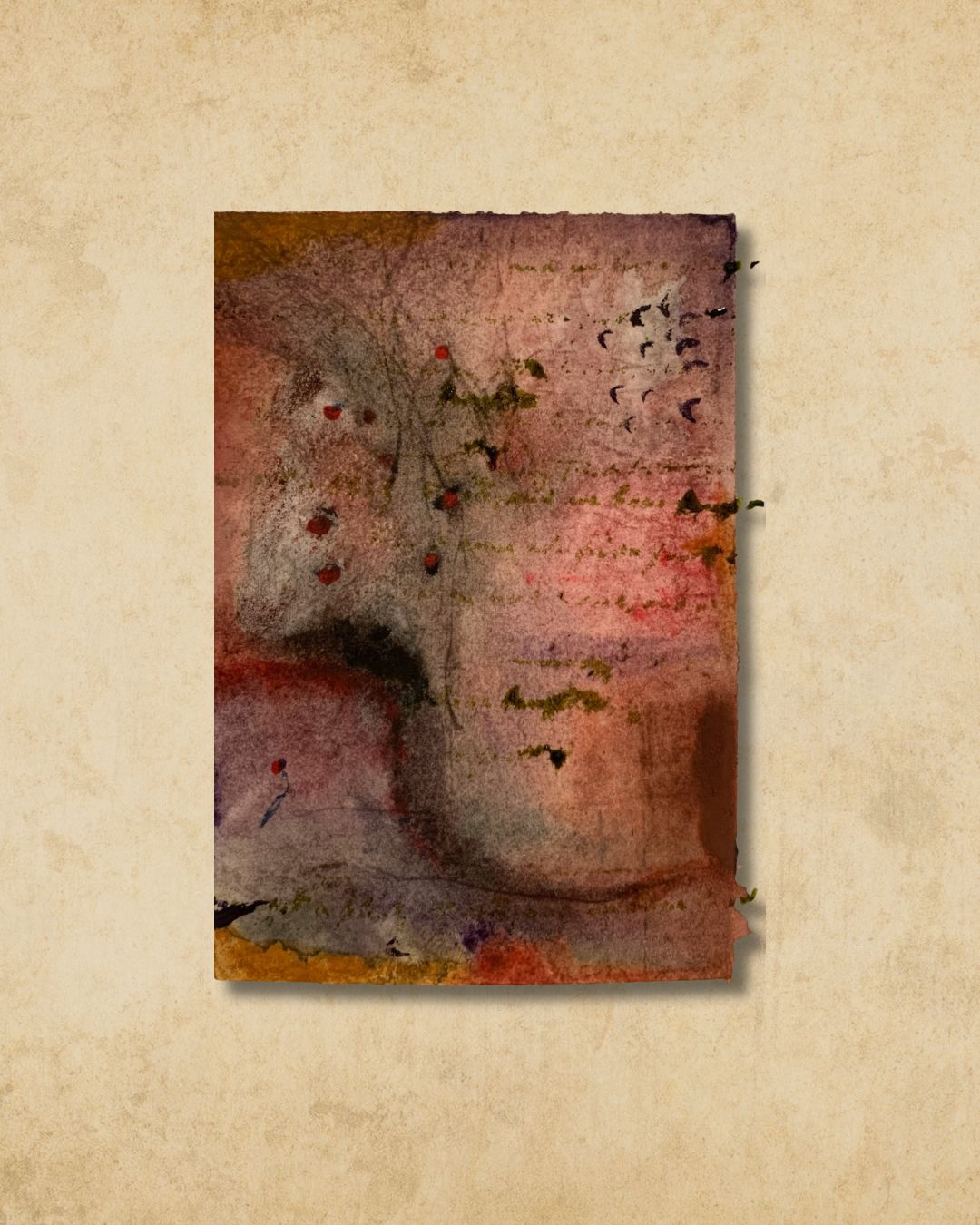 Adagio in G Minor — a delicate watercolor mini in muted rose, gray, and olive green with quiet red accents