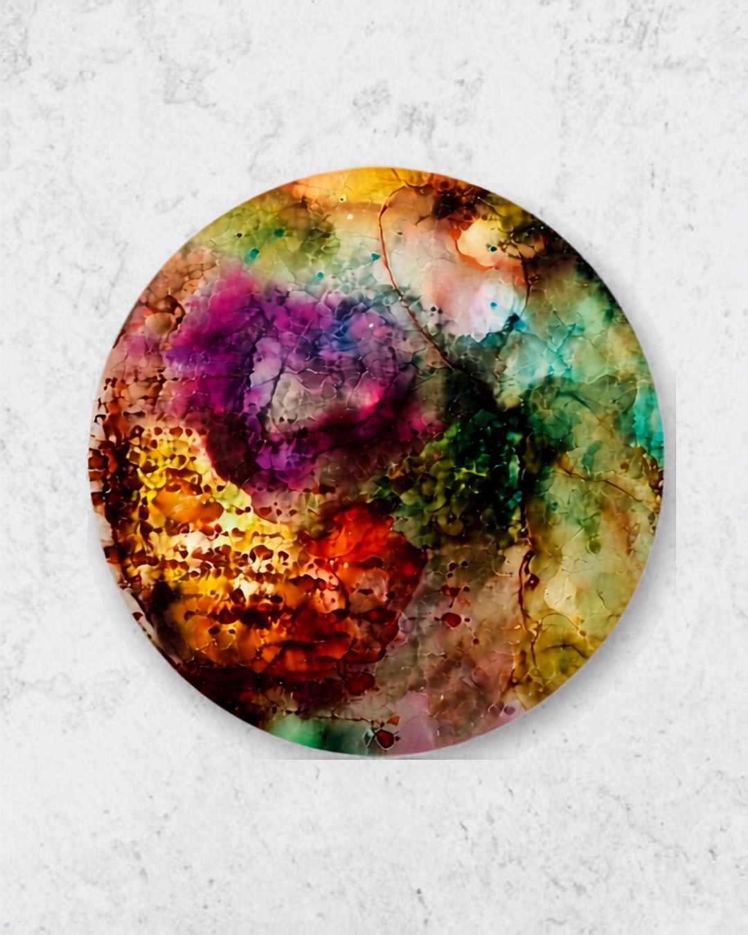Sono Io — a round alcohol ink painting blooming with purple, orange, gold, teal, and rose